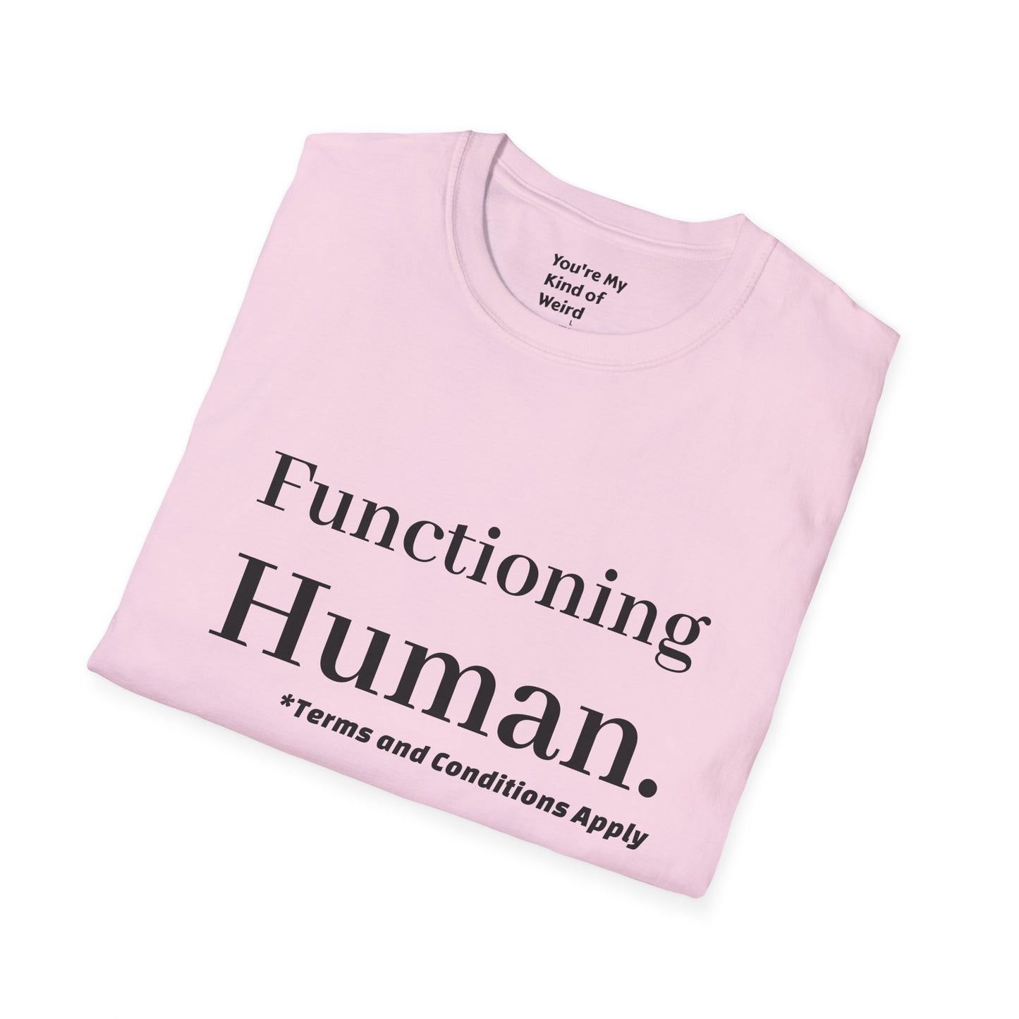 Funny Sarcastic Unisex Tee – Functioning Human, Terms and Conditions Apply Shirt Black Text