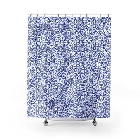 Gear Pattern Shower Curtain, Indigo Blue White Bathroom Decor - You're My Kind of Weird
