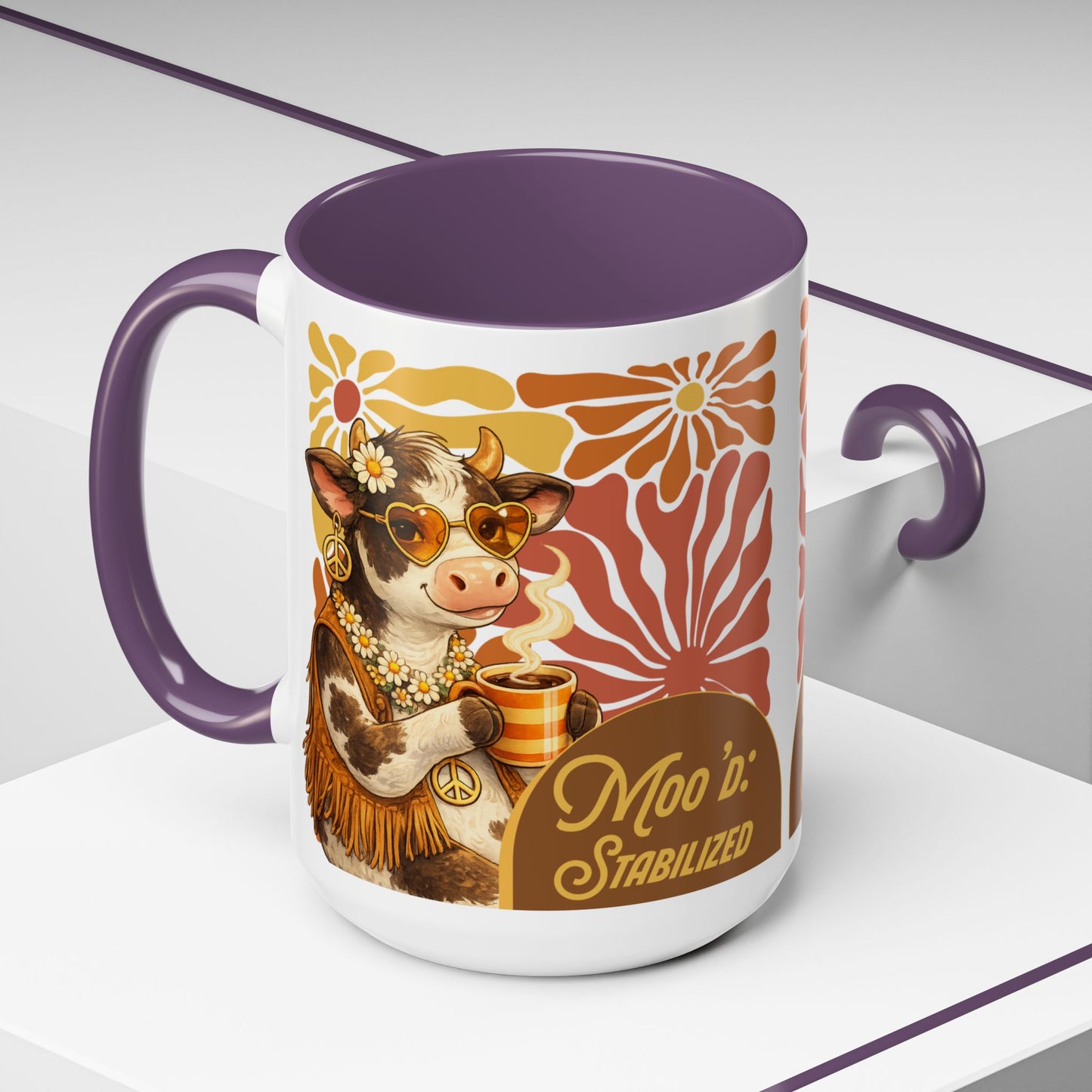 "Moo'd: Stabilized" Hippie Cow Accent Mug (15oz) - You're My Kind of Weird
