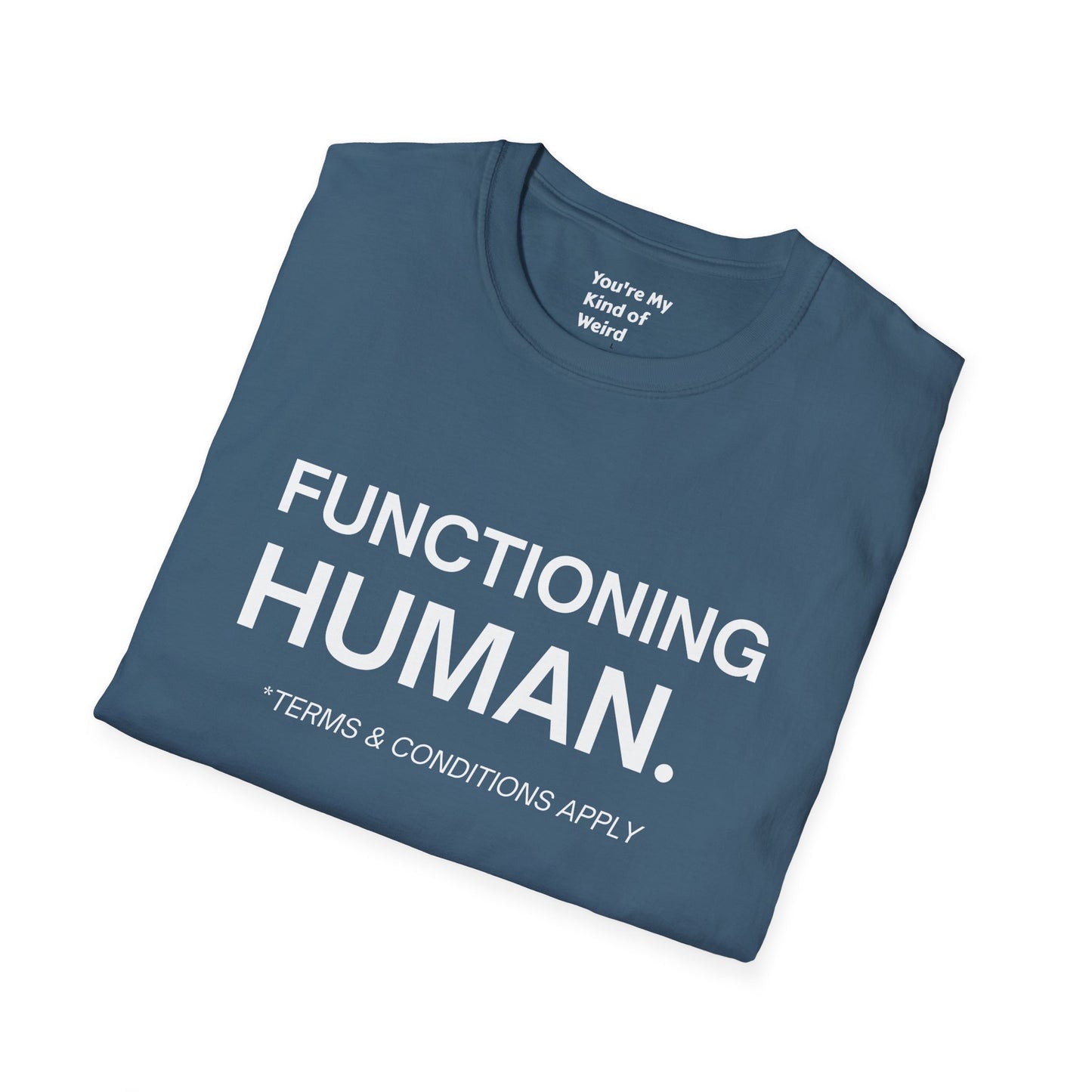 Funny Sarcastic Unisex Tee – Functioning Human, Terms and Conditions Apply Shirt White Text