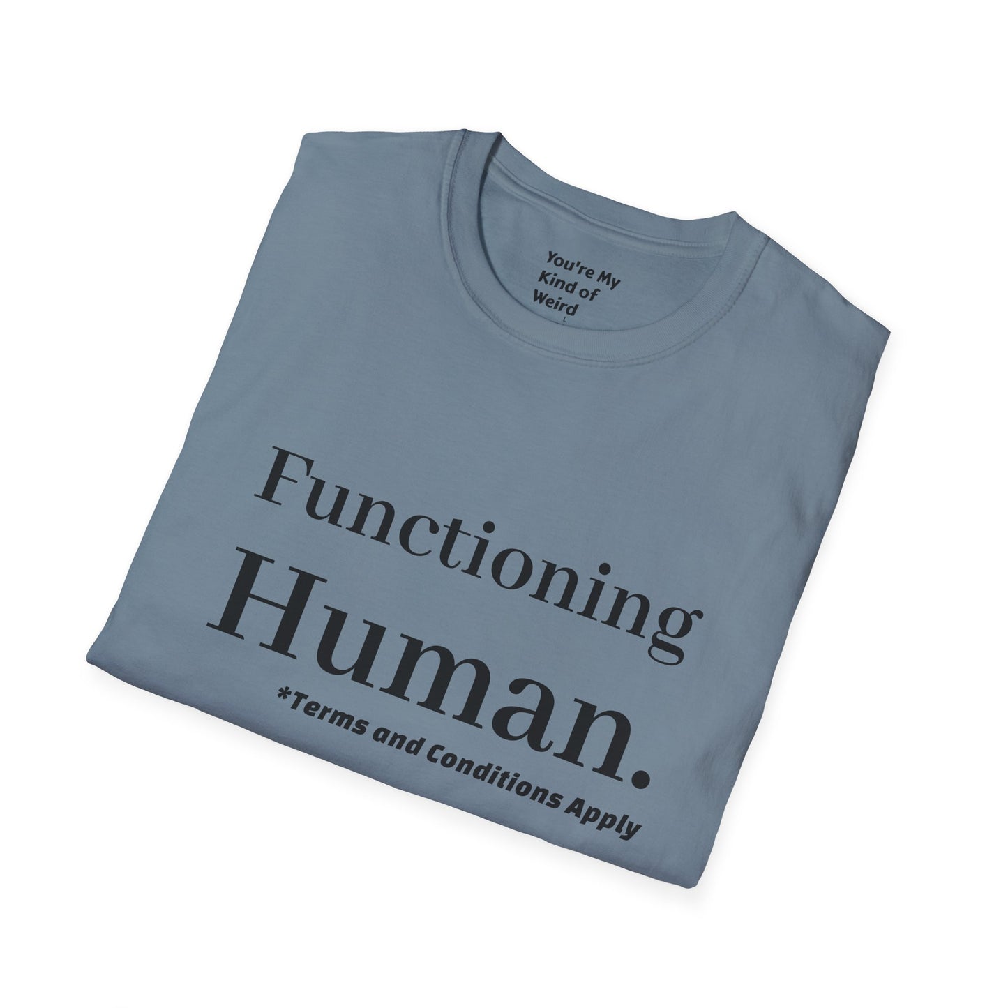 Funny Sarcastic Unisex Tee – Functioning Human, Terms and Conditions Apply Shirt Black Text