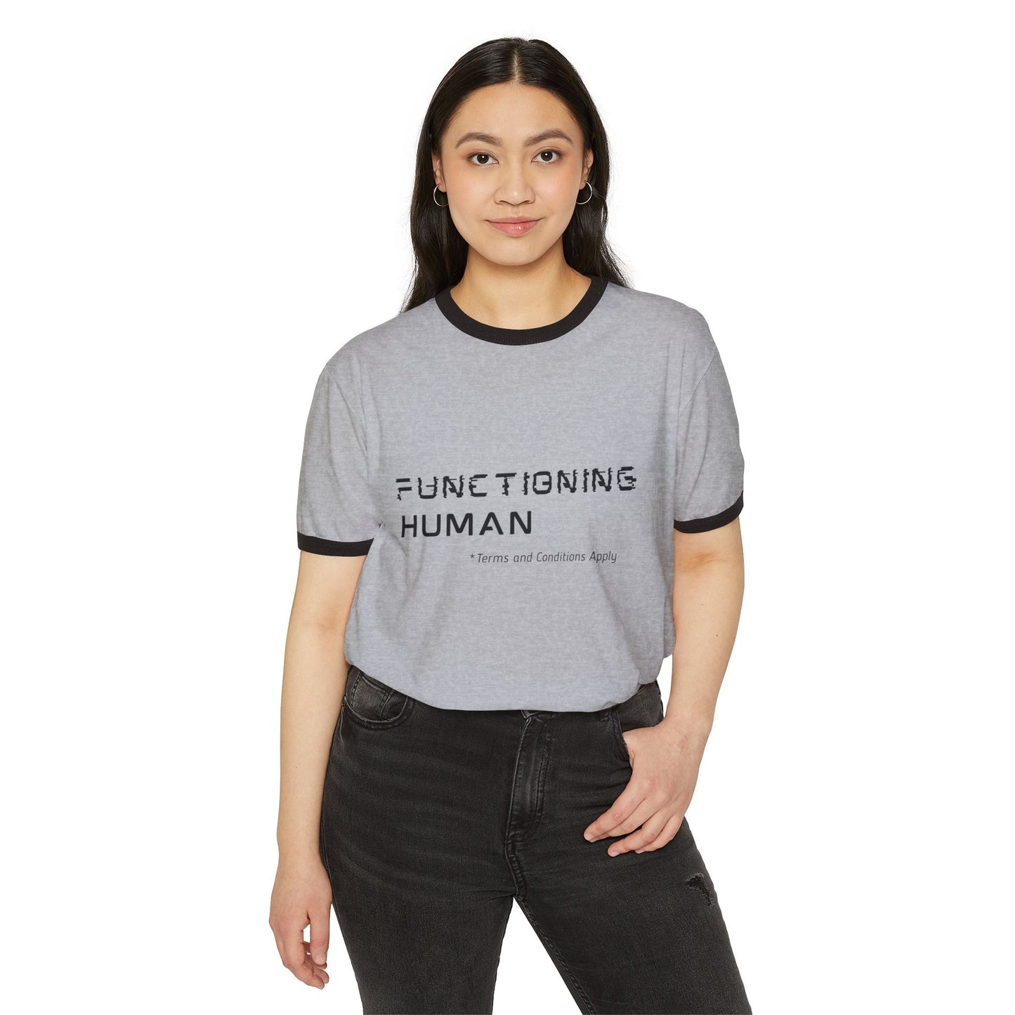 Functioning Human Unisex Cotton Ringer T-Shirt, Humorous Tee, Casual Wear, Gift for Friends, Everyday Style, Work-Life Balance Shirt