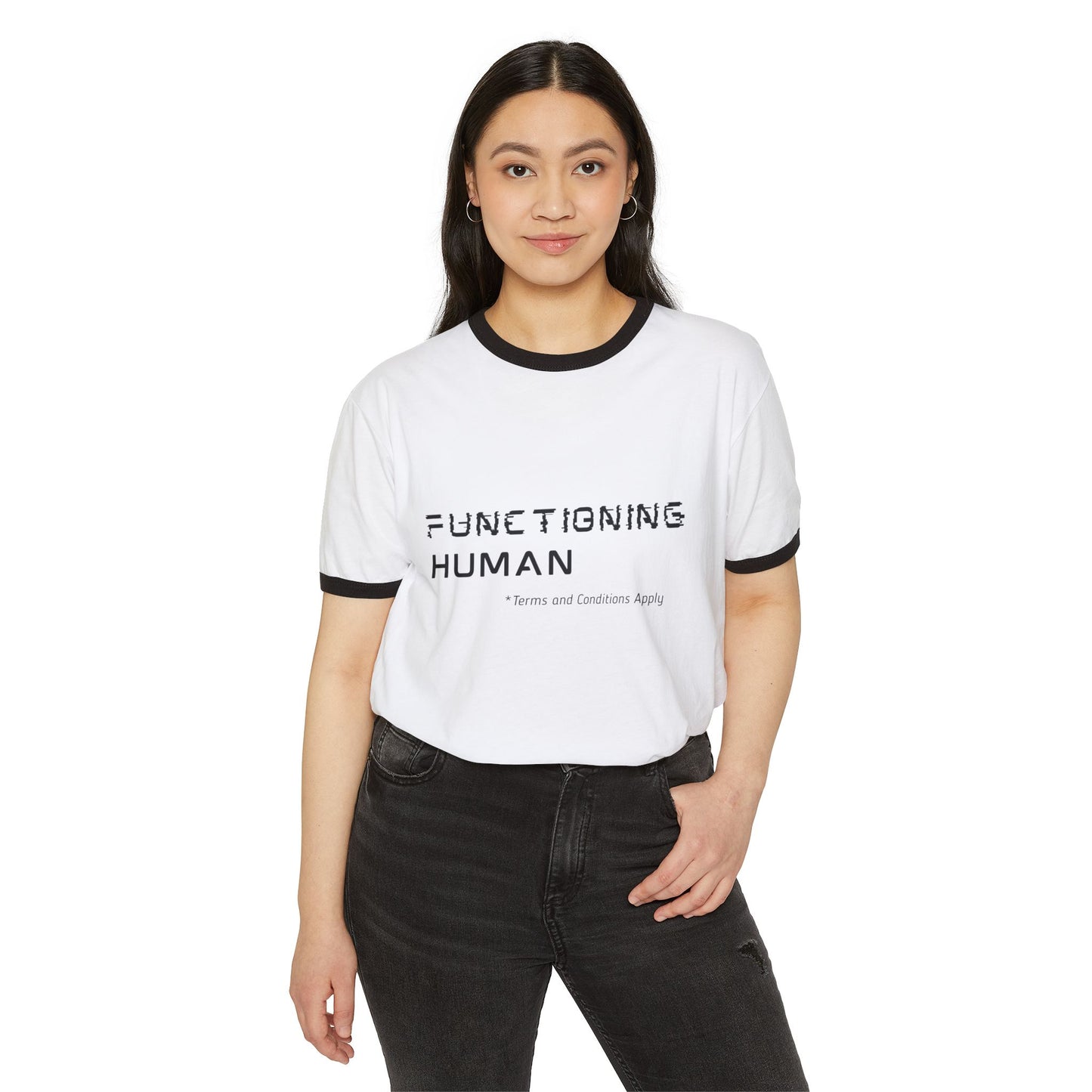 Functioning Human Unisex Cotton Ringer T-Shirt, Humorous Tee, Casual Wear, Gift for Friends, Everyday Style, Work-Life Balance Shirt