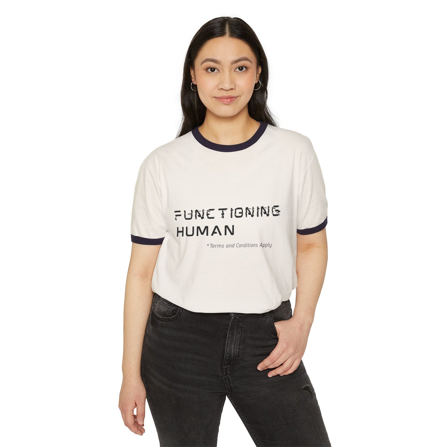 Functioning Human Unisex Cotton Ringer T-Shirt, Humorous Tee, Casual Wear, Gift for Friends, Everyday Style, Work-Life Balance Shirt
