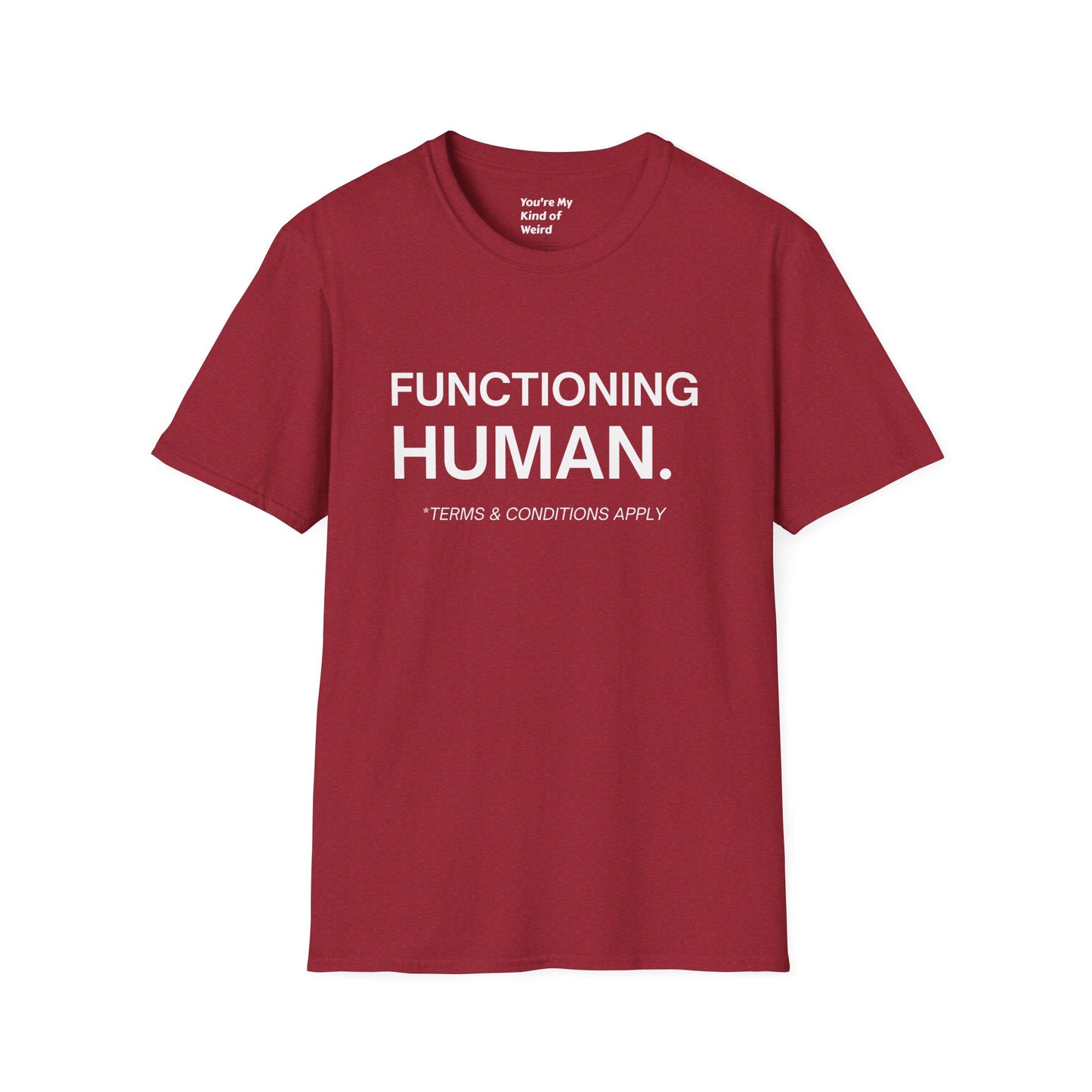 Funny Sarcastic Unisex Tee – Functioning Human, Terms and Conditions Apply Shirt White Text