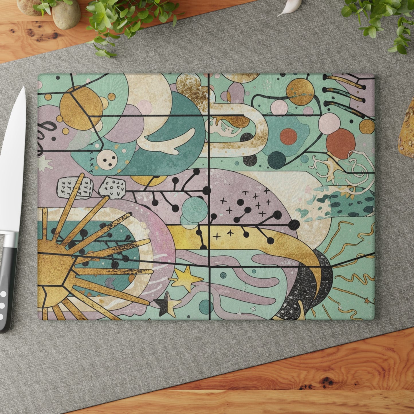 Dopamine Fun Abstract Celestial Illustration Glass Cutting Board | Sun Moon Stars - You're My Kind of Weird