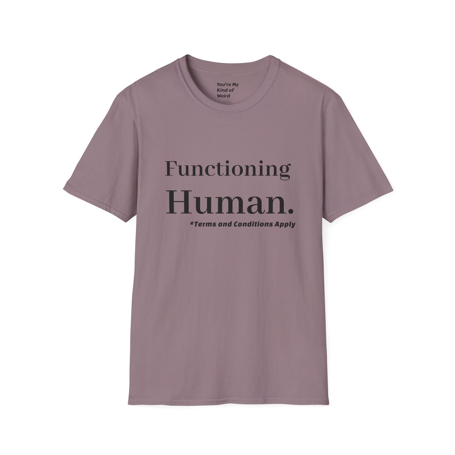 Funny Sarcastic Unisex Tee – Functioning Human, Terms and Conditions Apply Shirt Black Text
