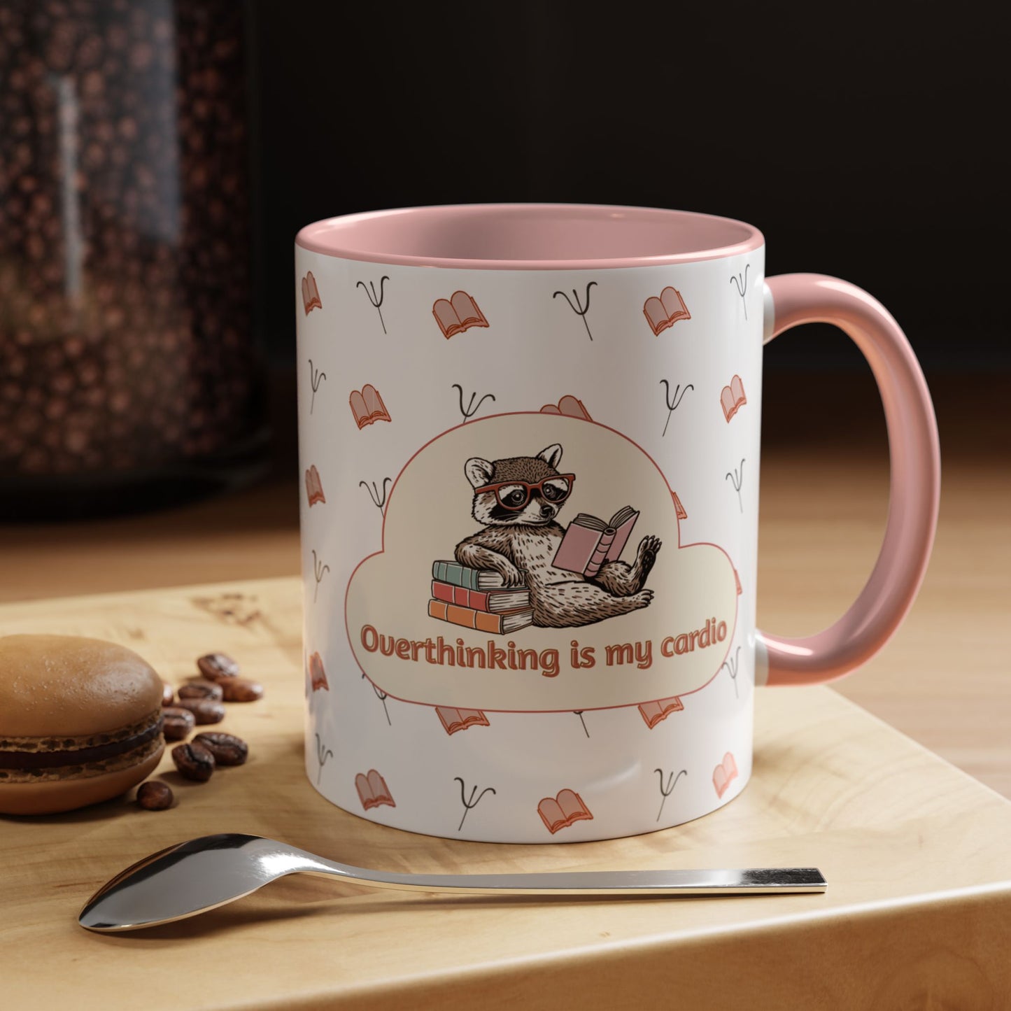 Overthinking Is My Cardio Coffee Mug — Cute Raccoon Reading Accent Mug - You're My Kind of Weird