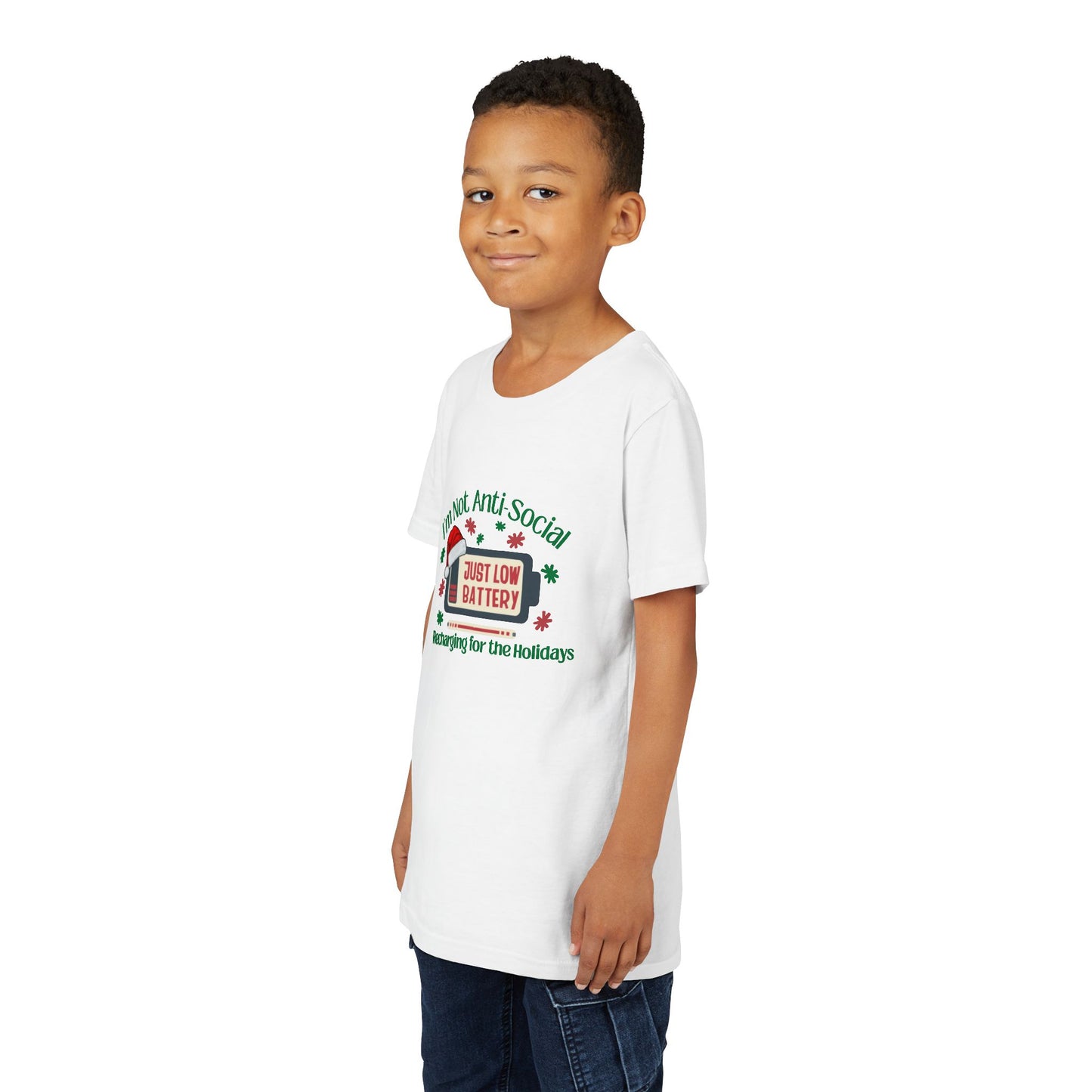 I’m Not Anti-Social, Just Low Battery Kids Christmas Shirt | Funny Holiday Youth Tee | Introvert Christmas Gift for Kids