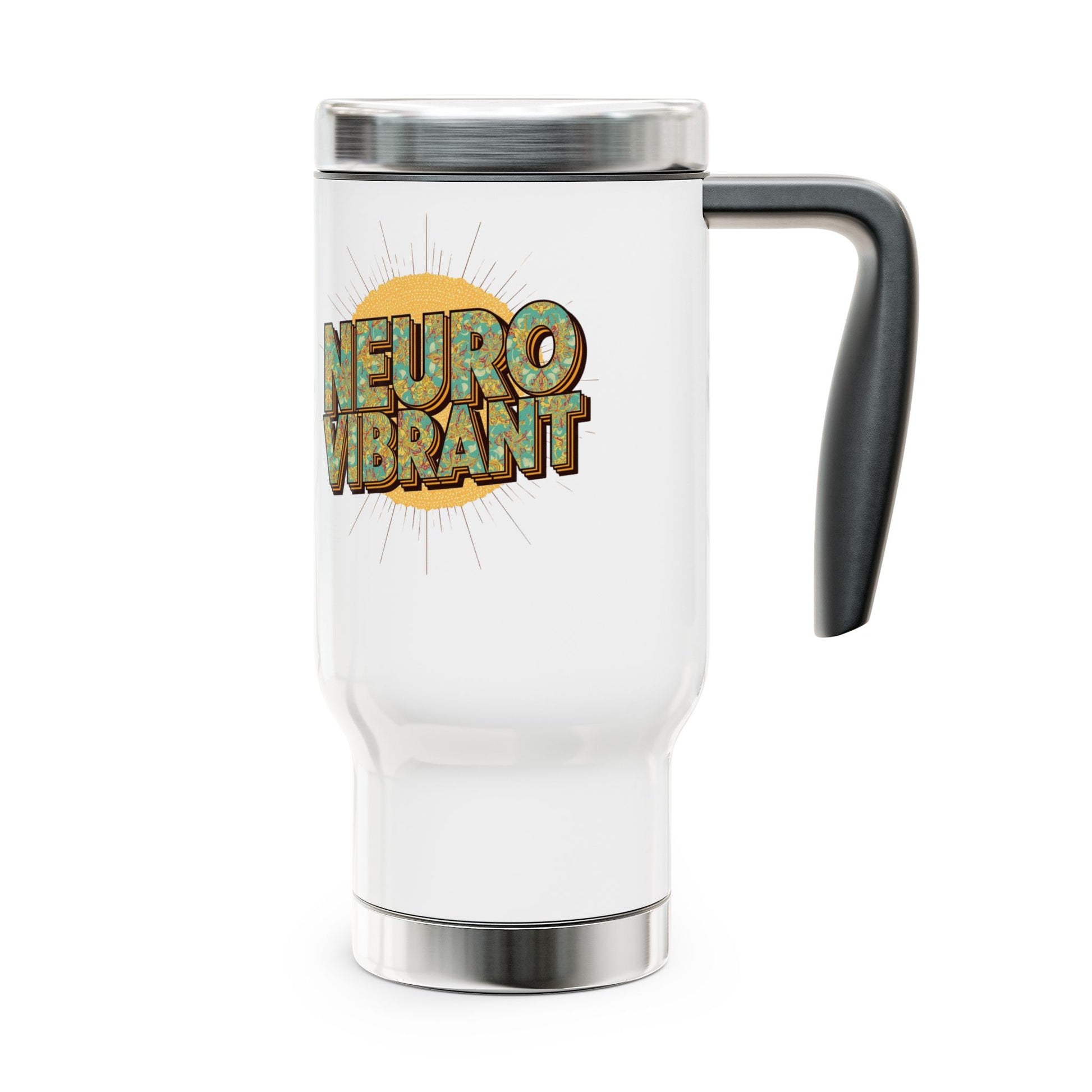 Travel Mug — “NeuroVibrant” Retro Sun Stainless Steel 14oz Travel Mug with Handle - You're My Kind of Weird