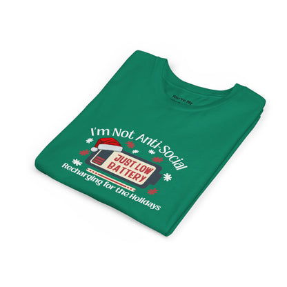 I’m Not Anti-Social, Just Low Battery Kids Christmas Shirt | Funny Holiday Youth Tee | Introvert Christmas Gift for Kids