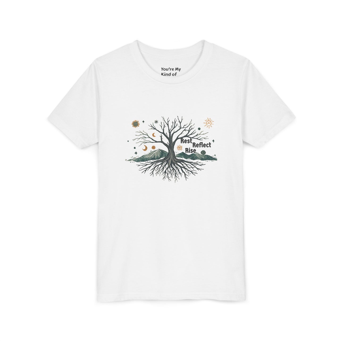 Rest. Reflect. Rise. Kids Solstice Shirt | Mindful Winter Tee for Children | Positive Message Youth T-Shirt - You're My Kind of Weird