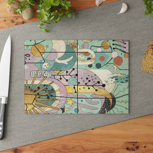 Dopamine Fun Abstract Celestial Illustration Glass Cutting Board | Sun Moon Stars - You're My Kind of Weird