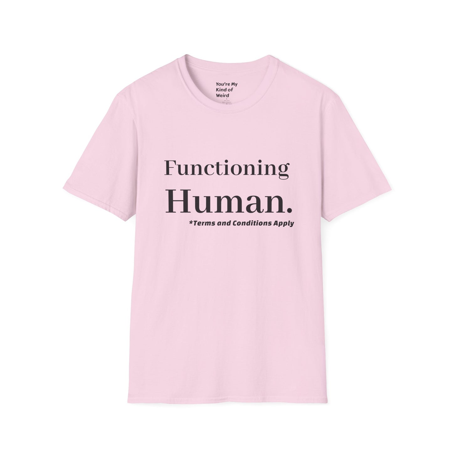 Funny Sarcastic Unisex Tee – Functioning Human, Terms and Conditions Apply Shirt Black Text