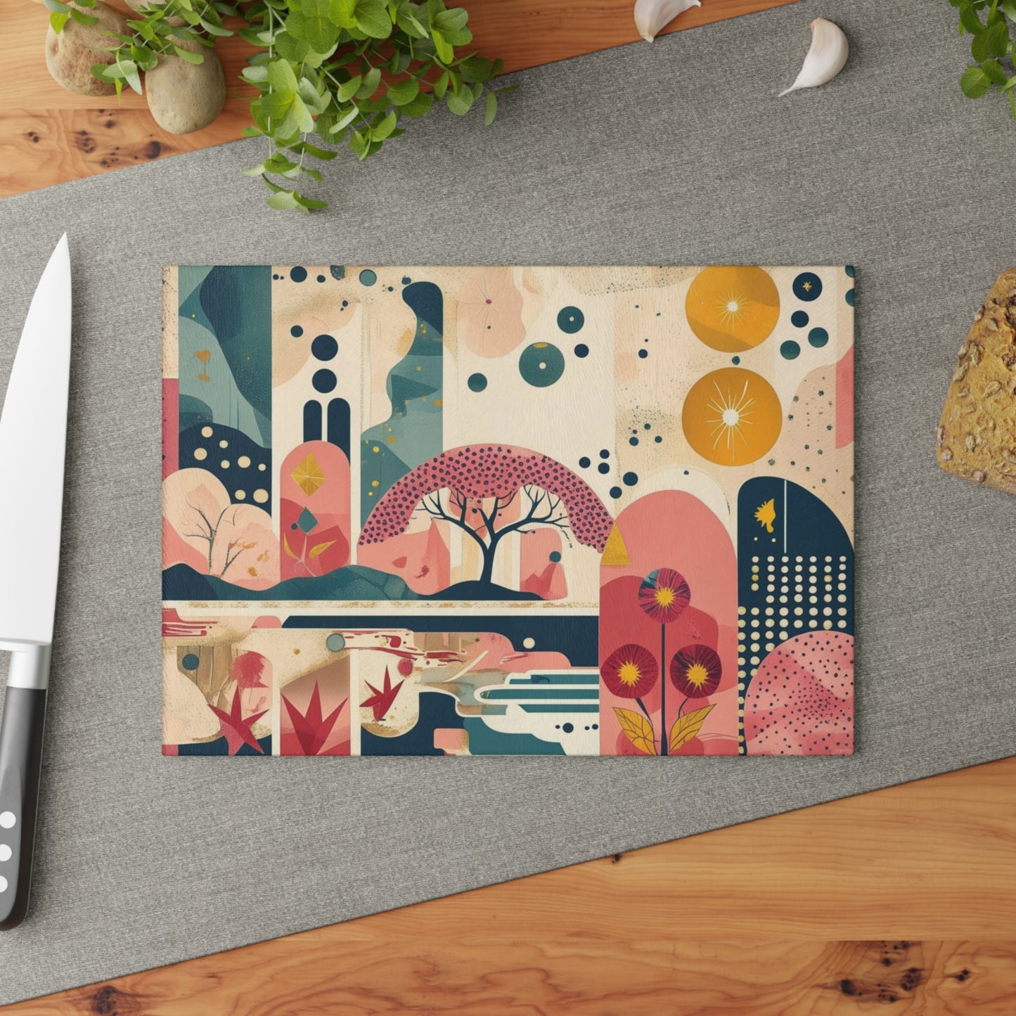Dopamine Abstract Retro Landscape Glass Cutting Board | Mid - Century Modern Kitchen Decor - You're My Kind of Weird