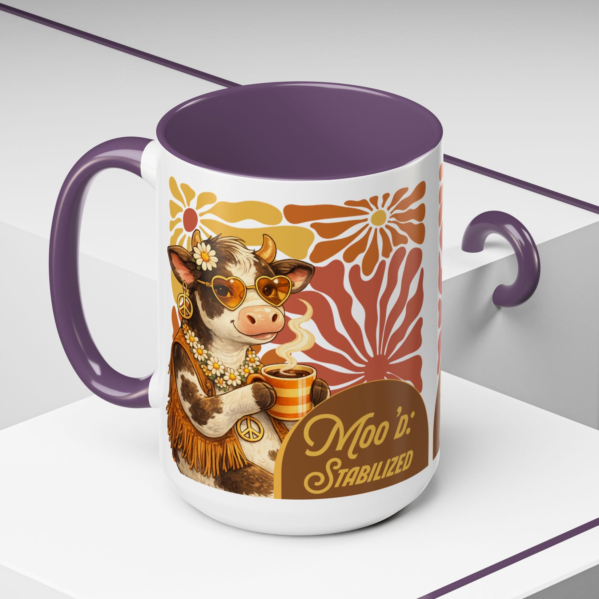 "Moo'd: Stabilized" Hippie Cow Accent Mug (15oz) - You're My Kind of Weird