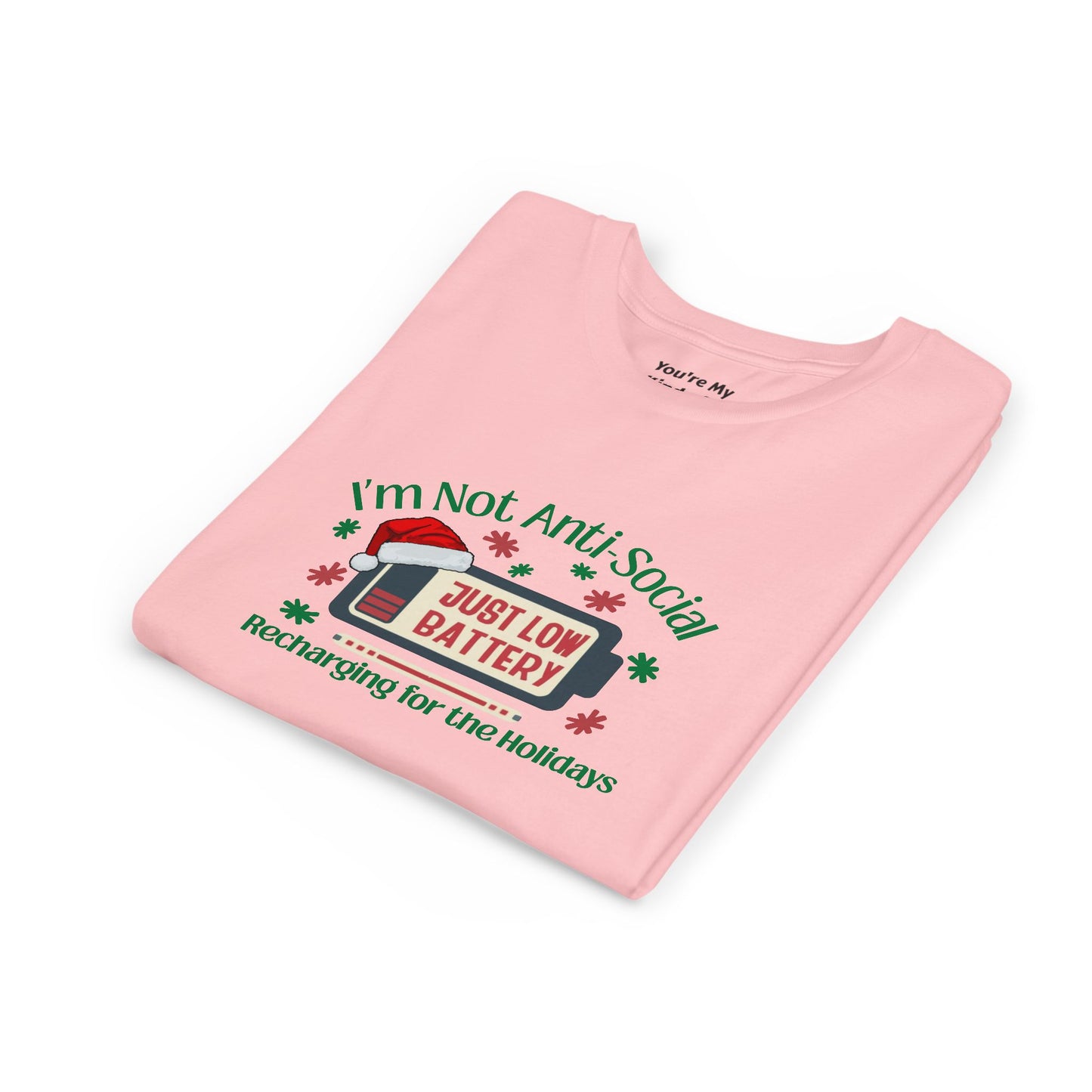 I’m Not Anti-Social, Just Low Battery Kids Christmas Shirt | Funny Holiday Youth Tee | Introvert Christmas Gift for Kids