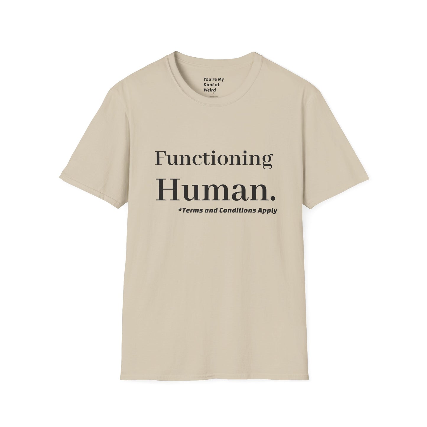 Funny Sarcastic Unisex Tee – Functioning Human, Terms and Conditions Apply Shirt Black Text