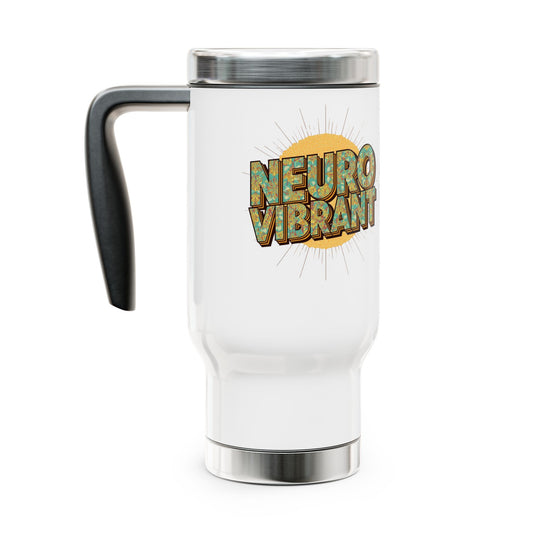 Travel Mug — “NeuroVibrant” Retro Sun Stainless Steel 14oz Travel Mug with Handle - You're My Kind of Weird