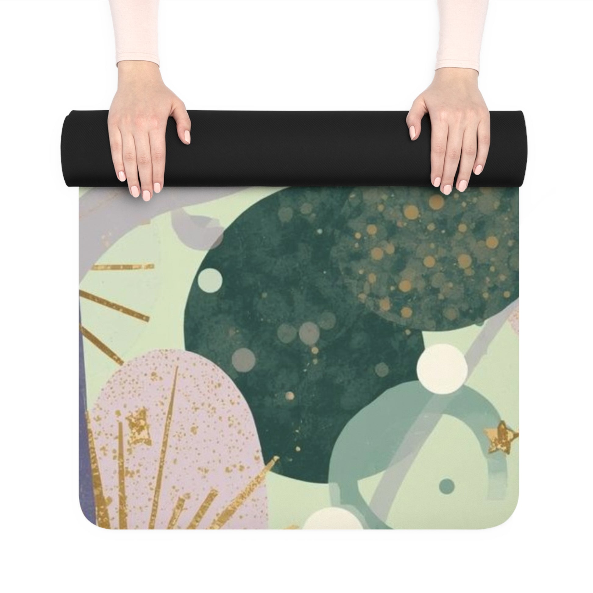 Dopamine Celestial Abstract Planets Rubber Yoga Mat | Green Starburst Space Design - You're My Kind of Weird