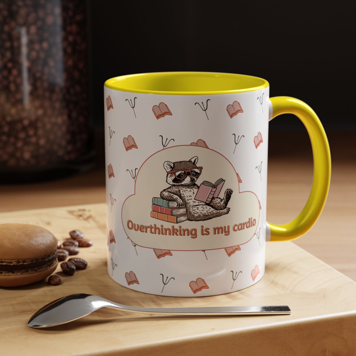 Overthinking Is My Cardio Coffee Mug — Cute Raccoon Reading Accent Mug - You're My Kind of Weird