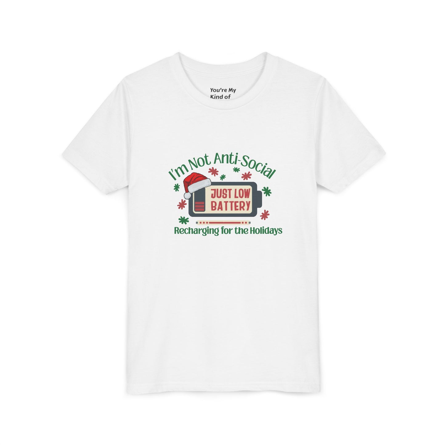 I’m Not Anti-Social, Just Low Battery Kids Christmas Shirt | Funny Holiday Youth Tee | Introvert Christmas Gift for Kids