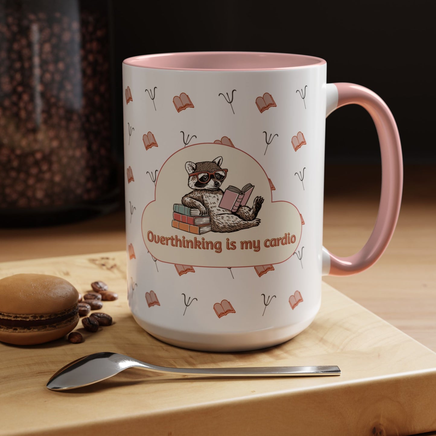 Overthinking Is My Cardio Coffee Mug — Cute Raccoon Reading Accent Mug - You're My Kind of Weird