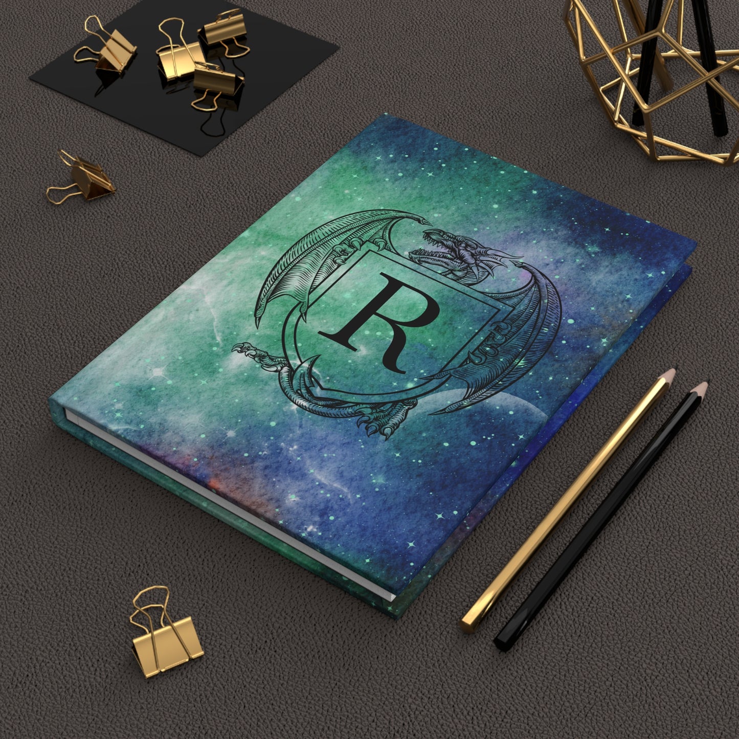 Personalized Monogram Dragon Crest Journal | Galaxy Hardcover D20 Dice Notebook - You're My Kind of Weird