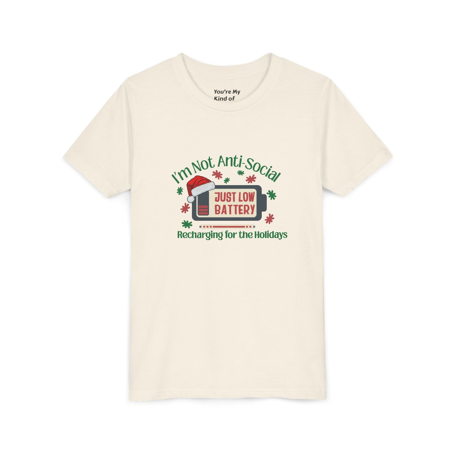 I’m Not Anti-Social, Just Low Battery Kids Christmas Shirt | Funny Holiday Youth Tee | Introvert Christmas Gift for Kids