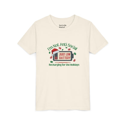 I’m Not Anti-Social, Just Low Battery Kids Christmas Shirt | Funny Holiday Youth Tee | Introvert Christmas Gift for Kids