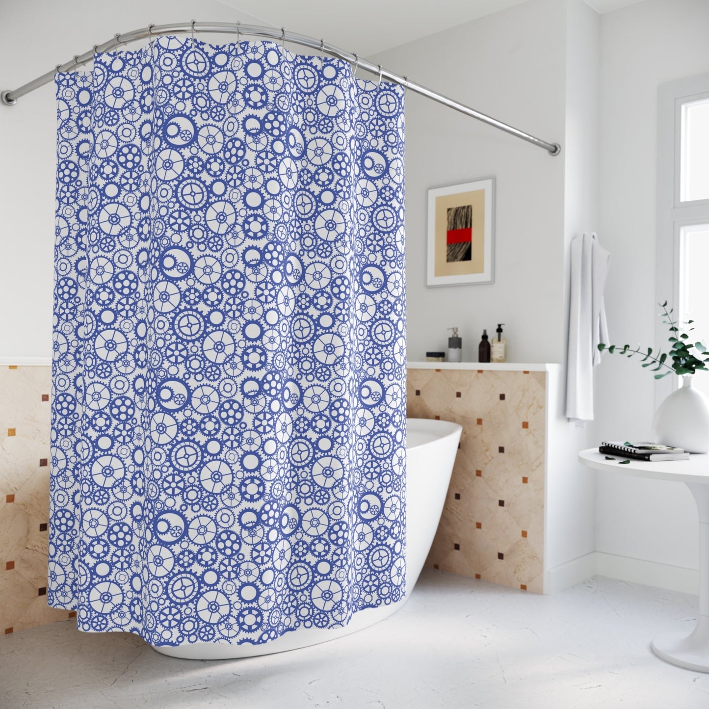 Gear Pattern Shower Curtain, Indigo Blue White Bathroom Decor - You're My Kind of Weird