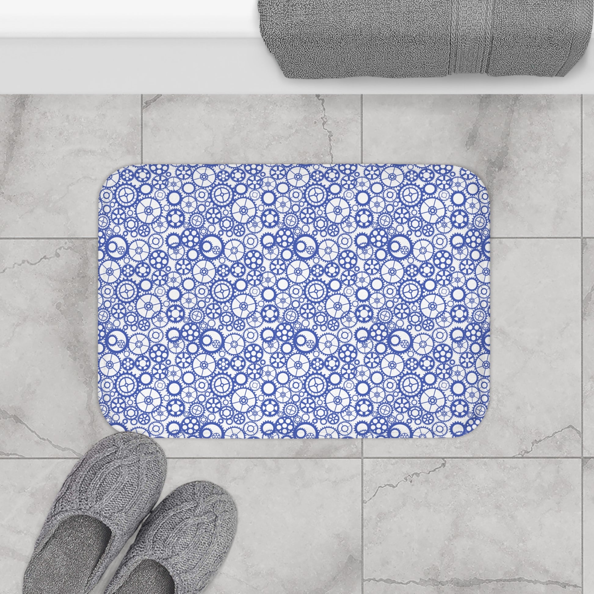 Gear Pattern Bath Mat, Blue White Bathroom Rug - You're My Kind of Weird