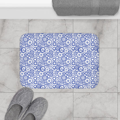 Gear Pattern Bath Mat, Blue White Bathroom Rug - You're My Kind of Weird