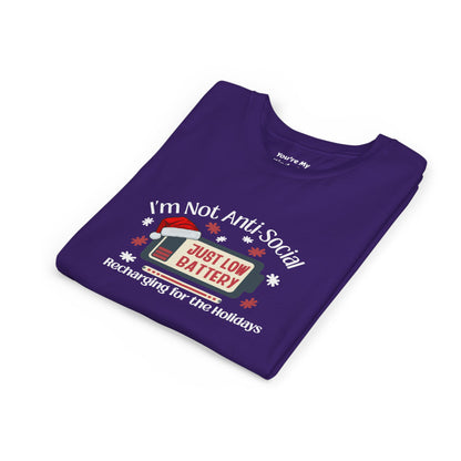 I’m Not Anti-Social, Just Low Battery Kids Christmas Shirt | Funny Holiday Youth Tee | Introvert Christmas Gift for Kids