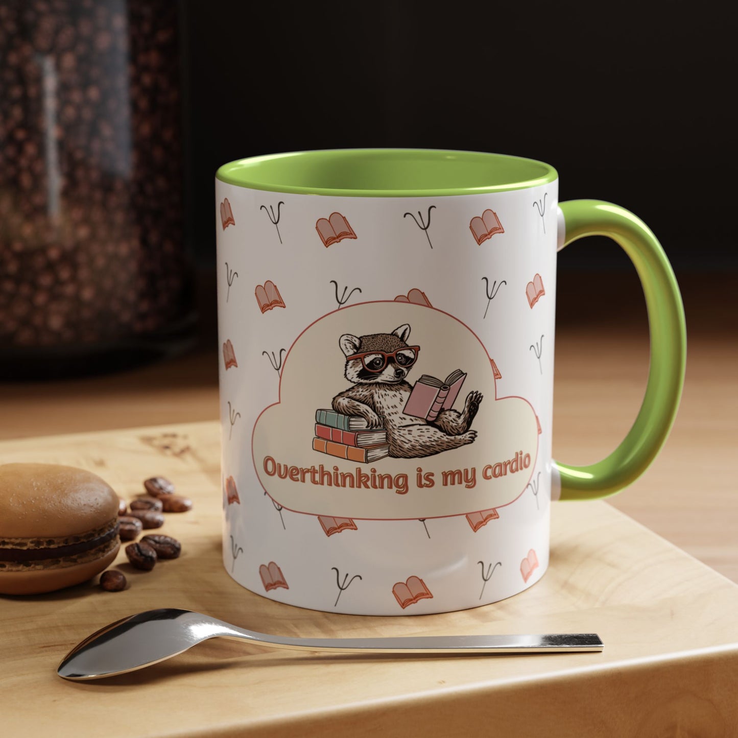 Overthinking Is My Cardio Coffee Mug — Cute Raccoon Reading Accent Mug - You're My Kind of Weird