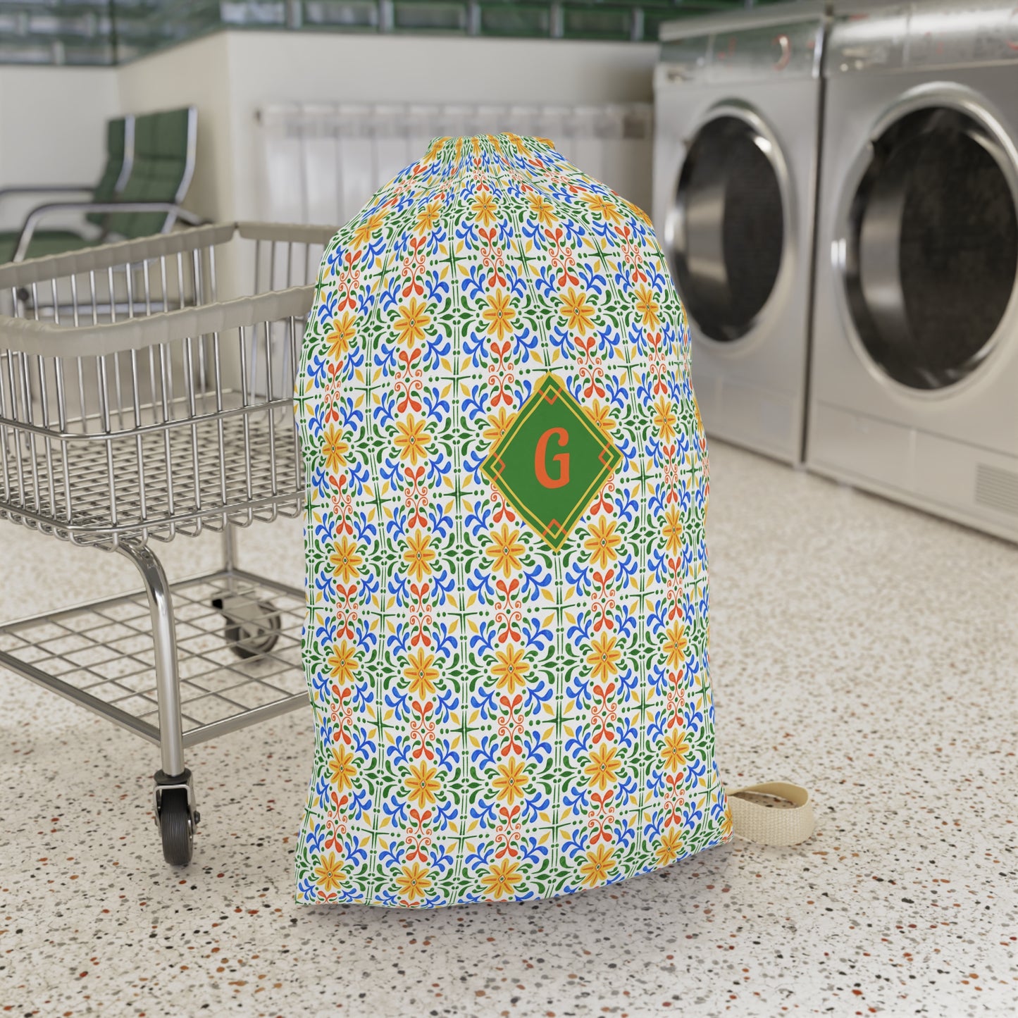 Monogrammed Tile - Pattern Laundry Bag – Personalized 'G' Drawstring Hamper - You're My Kind of Weird