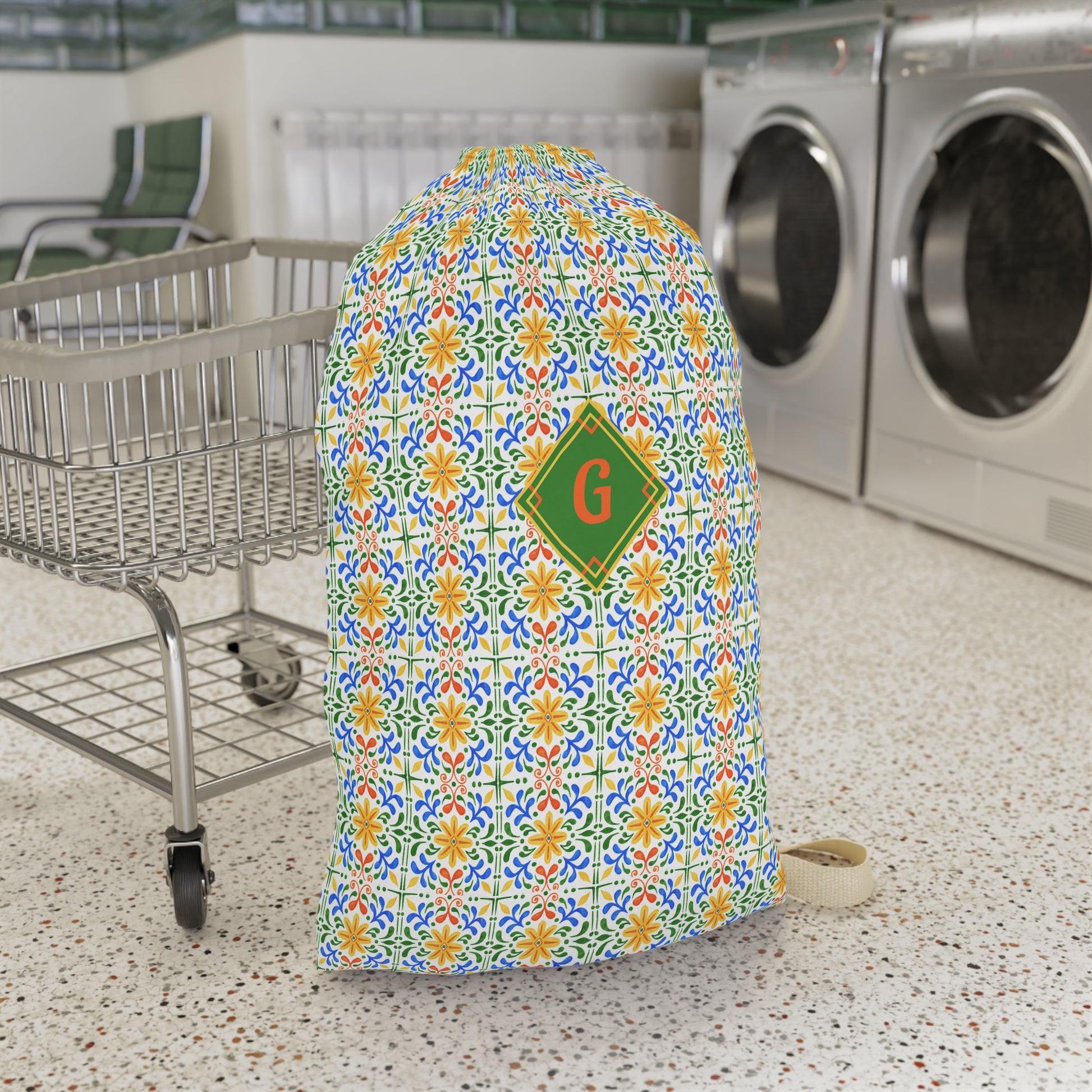 Monogrammed Tile - Pattern Laundry Bag – Personalized 'G' Drawstring Hamper - You're My Kind of Weird