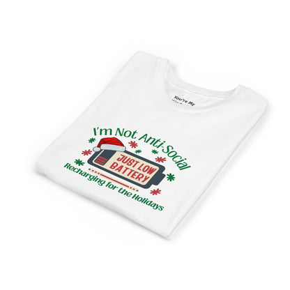 I’m Not Anti-Social, Just Low Battery Kids Christmas Shirt | Funny Holiday Youth Tee | Introvert Christmas Gift for Kids