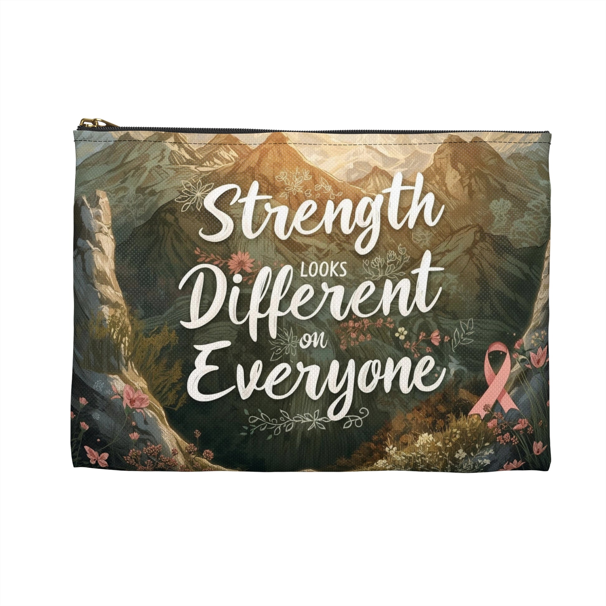 “Strength Looks Different on Everyone” Motivational Breast Cancer Awareness Gift, Tote, Makeup Bag, - You're My Kind of Weird