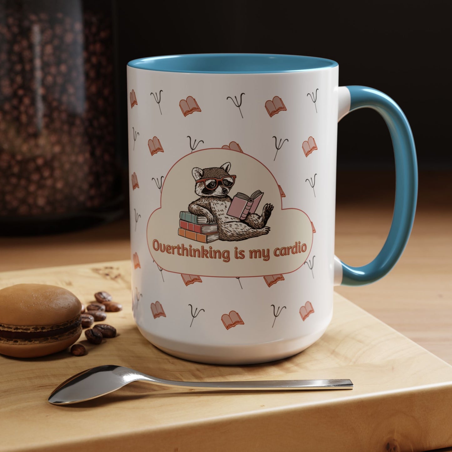 Overthinking Is My Cardio Coffee Mug — Cute Raccoon Reading Accent Mug - You're My Kind of Weird