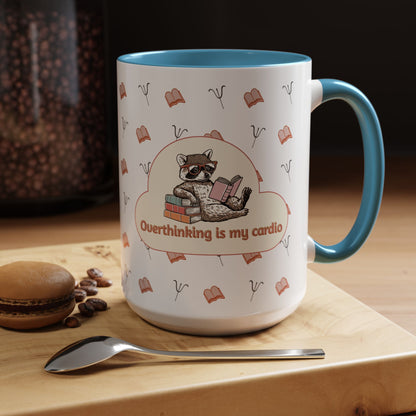 Overthinking Is My Cardio Coffee Mug — Cute Raccoon Reading Accent Mug - You're My Kind of Weird