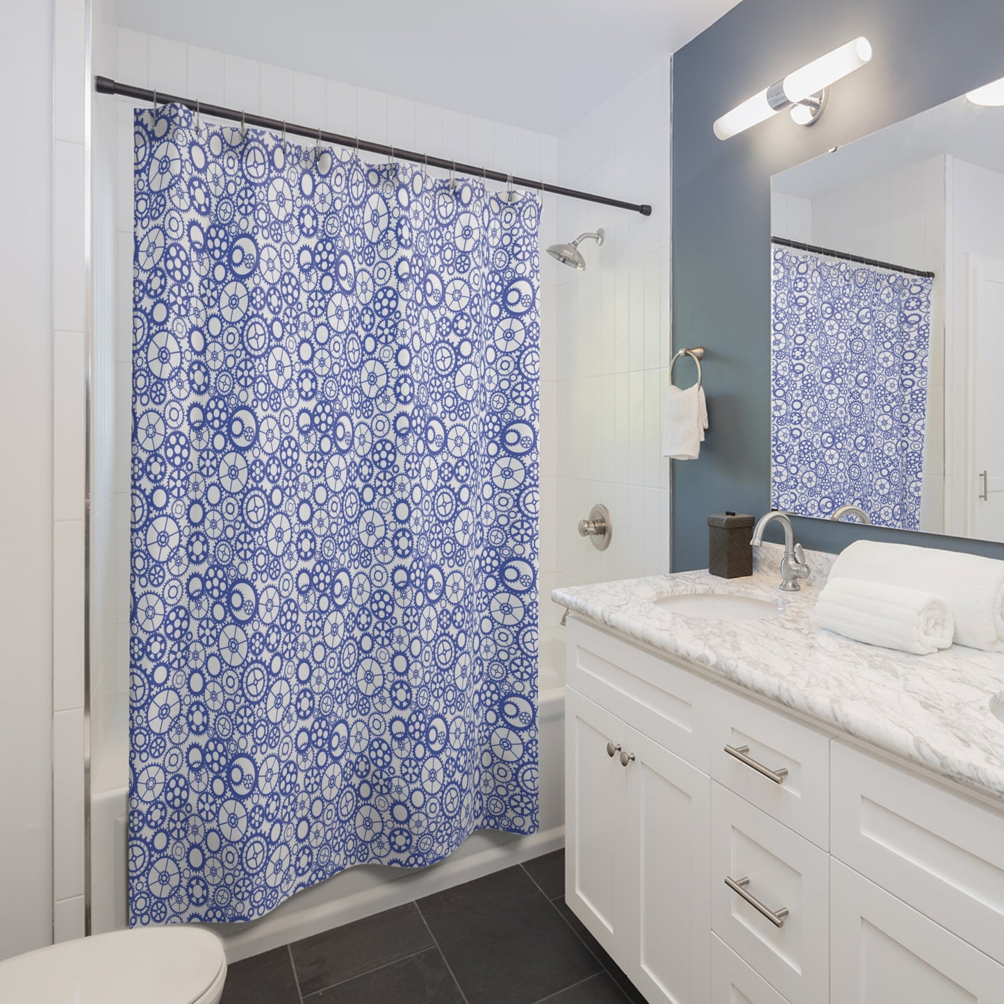Gear Pattern Shower Curtain, Indigo Blue White Bathroom Decor - You're My Kind of Weird
