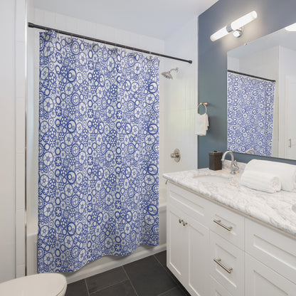 Gear Pattern Shower Curtain, Indigo Blue White Bathroom Decor - You're My Kind of Weird