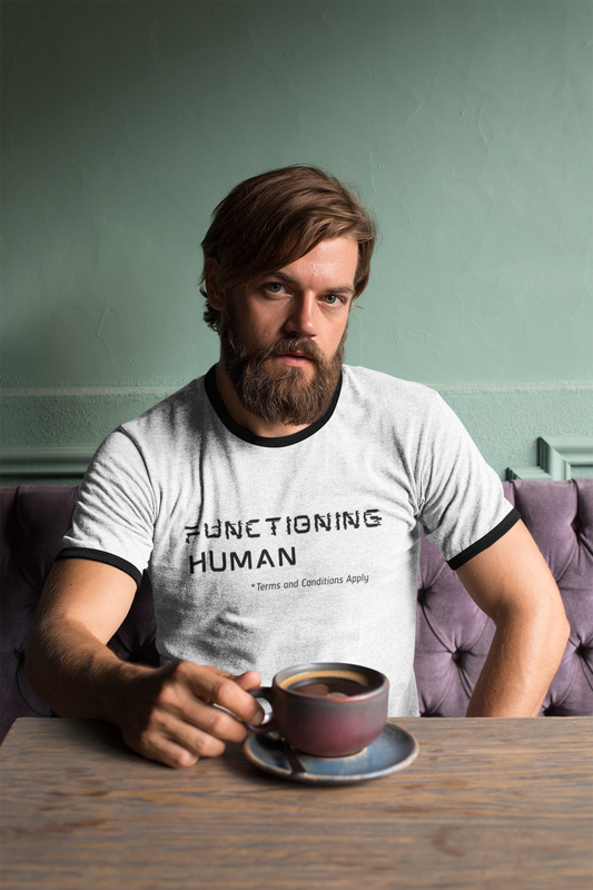 Functioning Human Unisex Cotton Ringer T-Shirt, Humorous Tee, Casual Wear, Gift for Friends, Everyday Style, Work-Life Balance Shirt