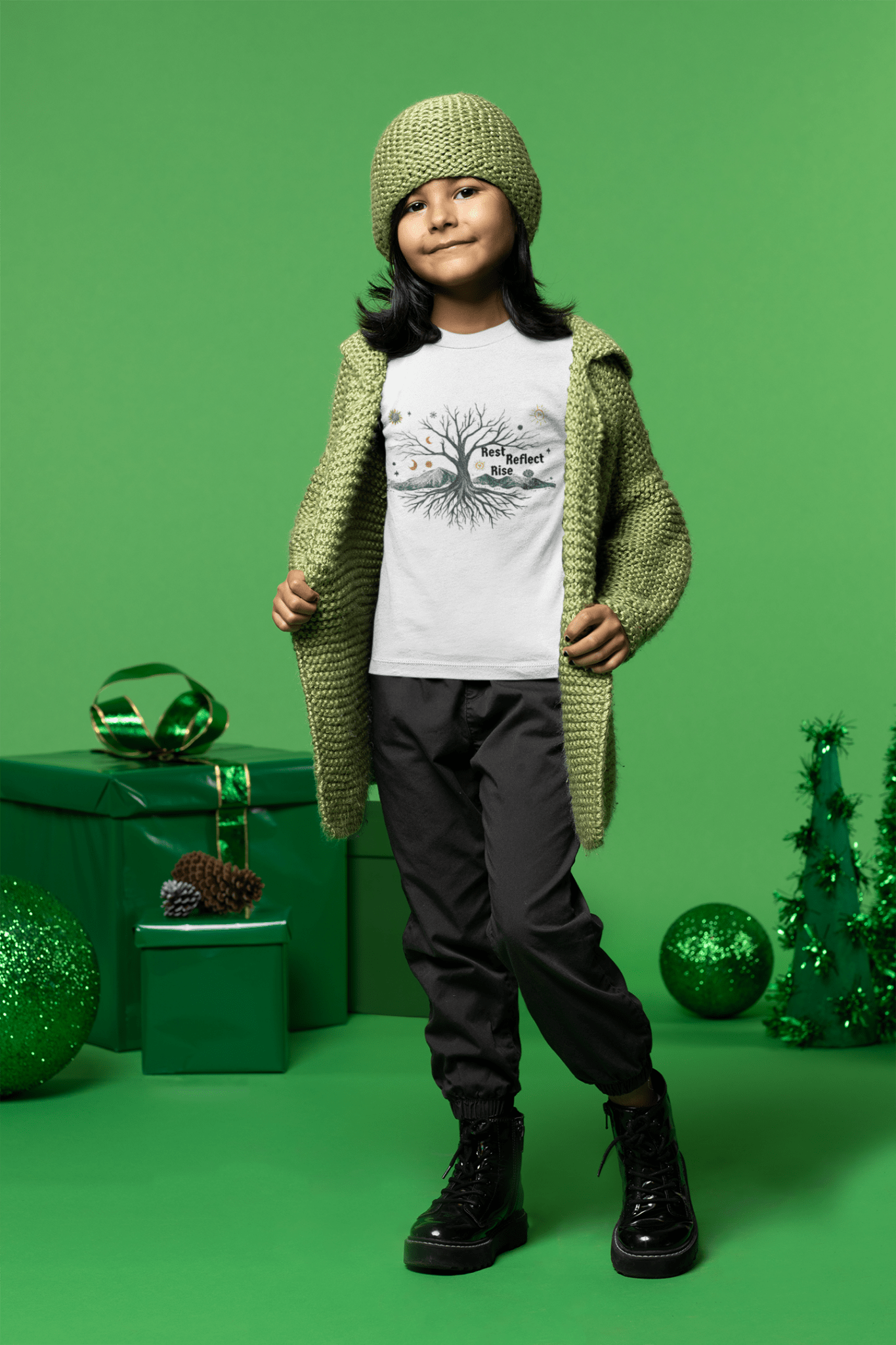 Rest. Reflect. Rise. Kids Solstice Shirt | Mindful Winter Tee for Children | Positive Message Youth T-Shirt - You're My Kind of Weird