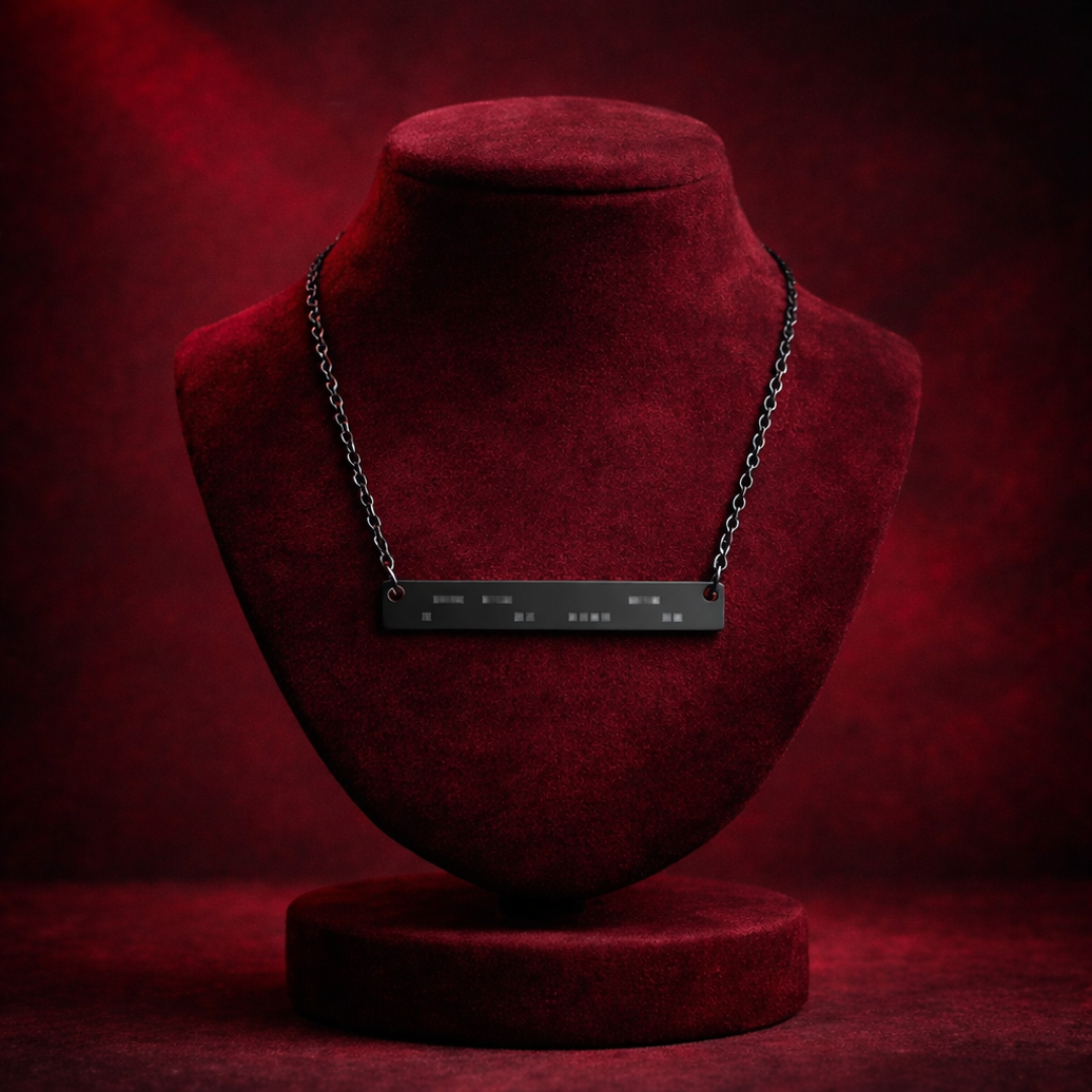 ADHD morse code necklace mockup on burgundy velvet display stand, black bar pendant and chain, gothic romantic jewelry photo