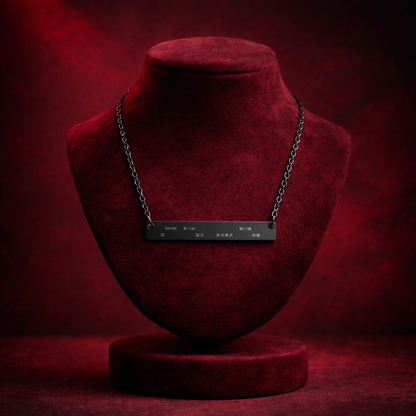 ADHD morse code necklace mockup on burgundy velvet display stand, black bar pendant and chain, gothic romantic jewelry photo