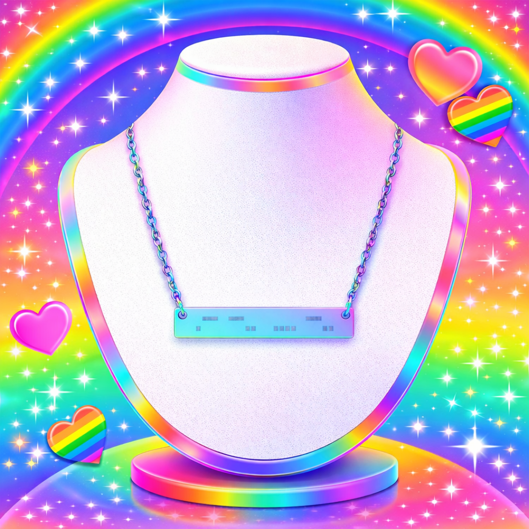 ADHD awareness jewelry morse code bar necklace rainbow chain, displayed on bust with sparkly pride rainbow backdrop