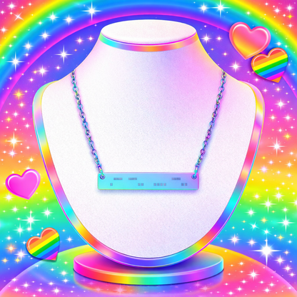 ADHD awareness jewelry morse code bar necklace rainbow chain, displayed on bust with sparkly pride rainbow backdrop