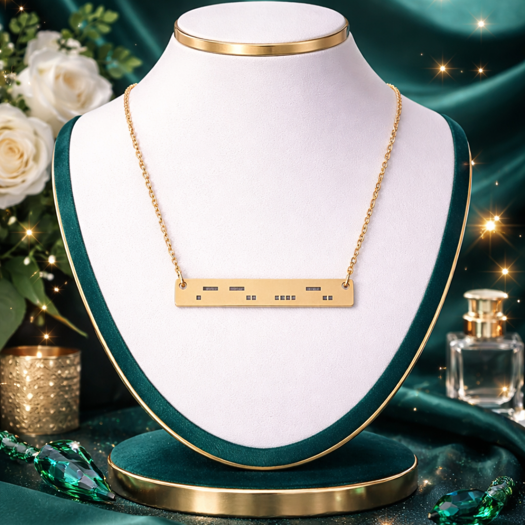ADHD gift for her morse code bar necklace in gold, displayed on velvet jewelry bust with emerald green romantic background